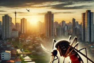 DALL·E 2024 12 10 09.52.46 An urban scene in Rio Grande do Sul at dawn highlighting a detailed close up of an Aedes aegypti mosquito in the foreground symbolizing the dengue c - Pragas e Eventos