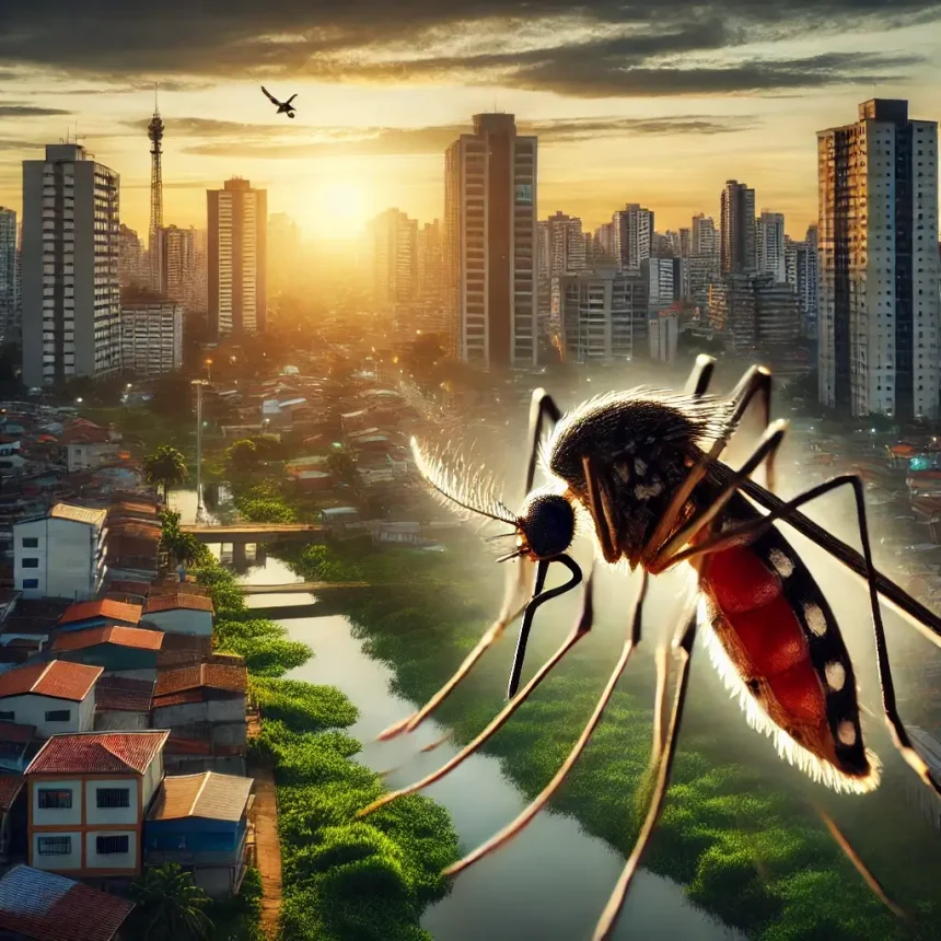 DALL·E 2024 12 10 09.52.46 An urban scene in Rio Grande do Sul at dawn highlighting a detailed close up of an Aedes aegypti mosquito in the foreground symbolizing the dengue c - Pragas e Eventos