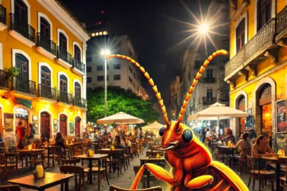 DALL·E 2024 12 17 09.07.28 A nighttime view of a lively bar in the Centro of Rio de Janeiro featuring wooden chairs and tables in focus. In the foreground an artistic depictio 1 - Pragas e Eventos