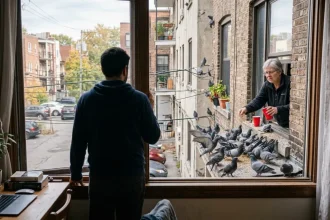 Man watching neighbor feed pigeons 202607021052 - Pragas e Eventos