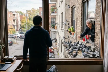 Man watching neighbor feed pigeons 202607021052 - Pragas e Eventos