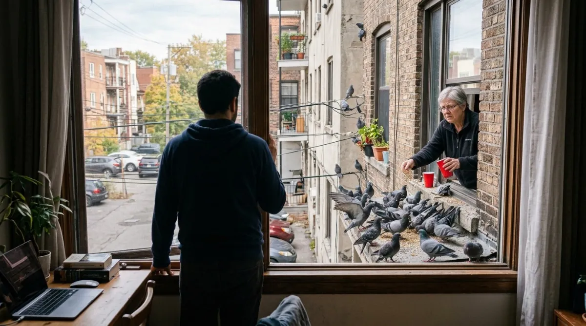 Man watching neighbor feed pigeons 202607021052 - Pragas e Eventos
